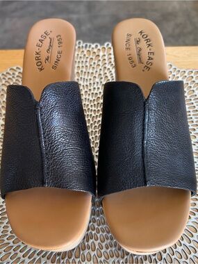 Kork-Ease Waone Black Leather Clog Wedge Sandal Size 8